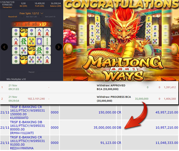 BUKTI WD PUASBET 21 NOV 2023 (MAHJONG WAYS  Rp. 35,000,000– LUNAS)