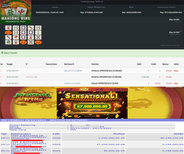 BUKTI WD PUASBET 20 NOV 2023 (MAHJONG WINS Rp. 27,000,000– LUNAS)