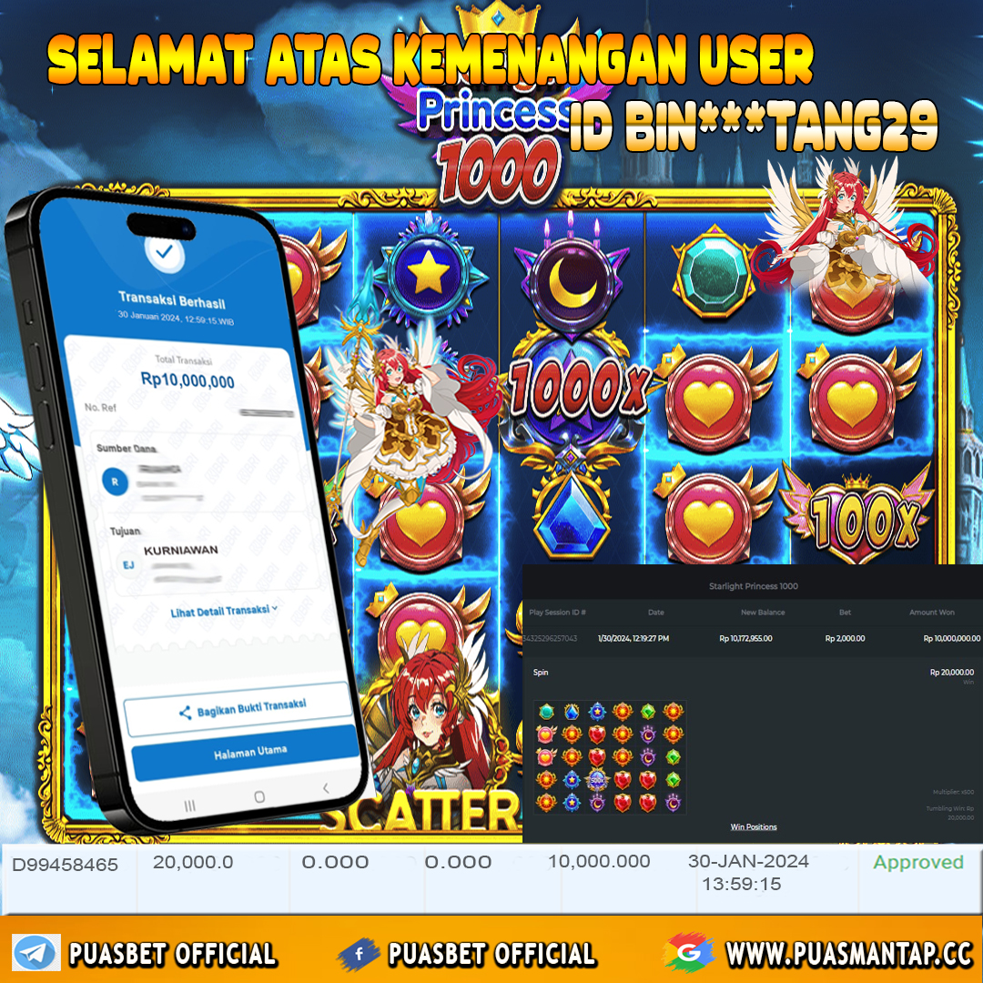 BUKTI WD PUASBET 30 JAN 2024 ( Starlight Princess 1000 ) Rp,10,000,000-lUNAS)