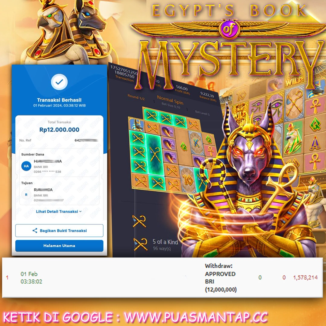 BUKTI WD PUASBET 01 FEB 2024 ( Egypts Book of Mystery ) Rp.12,000,000 – LUNAS)