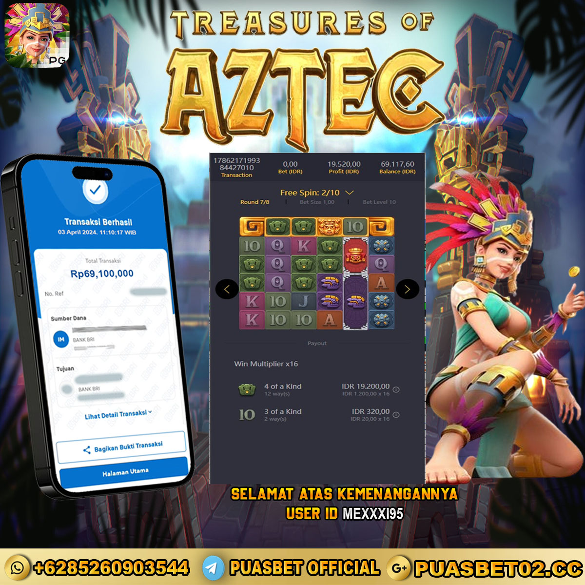 BUKTI WD PUASBET 03 MEI 2024 ( Treasures of Aztec ) Rp.69,100,000 – LUNAS)