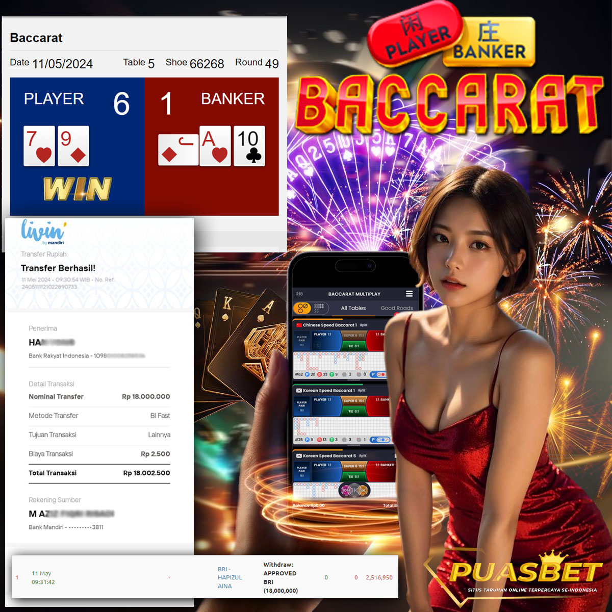 BUKTI WD PUASBET 11 MAY 2024 ( Baccarat ) Rp.18,000,000 – LUNAS)