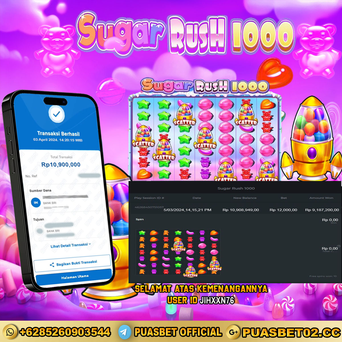 BUKTI WD PUASBET 03 MEI 2024 ( Sugar Rush 1000 ) Rp.10,900,000 – LUNAS)