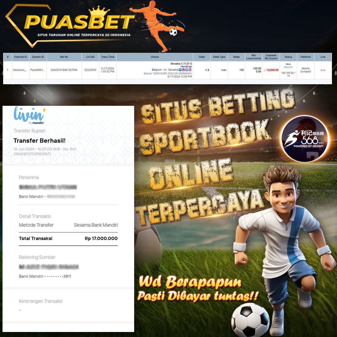 BUKTI WD PUASBET 18 JUNE 2024 ( MIX PARLAY SPORTBOOK ) Rp.17,000,000– LUNAS)