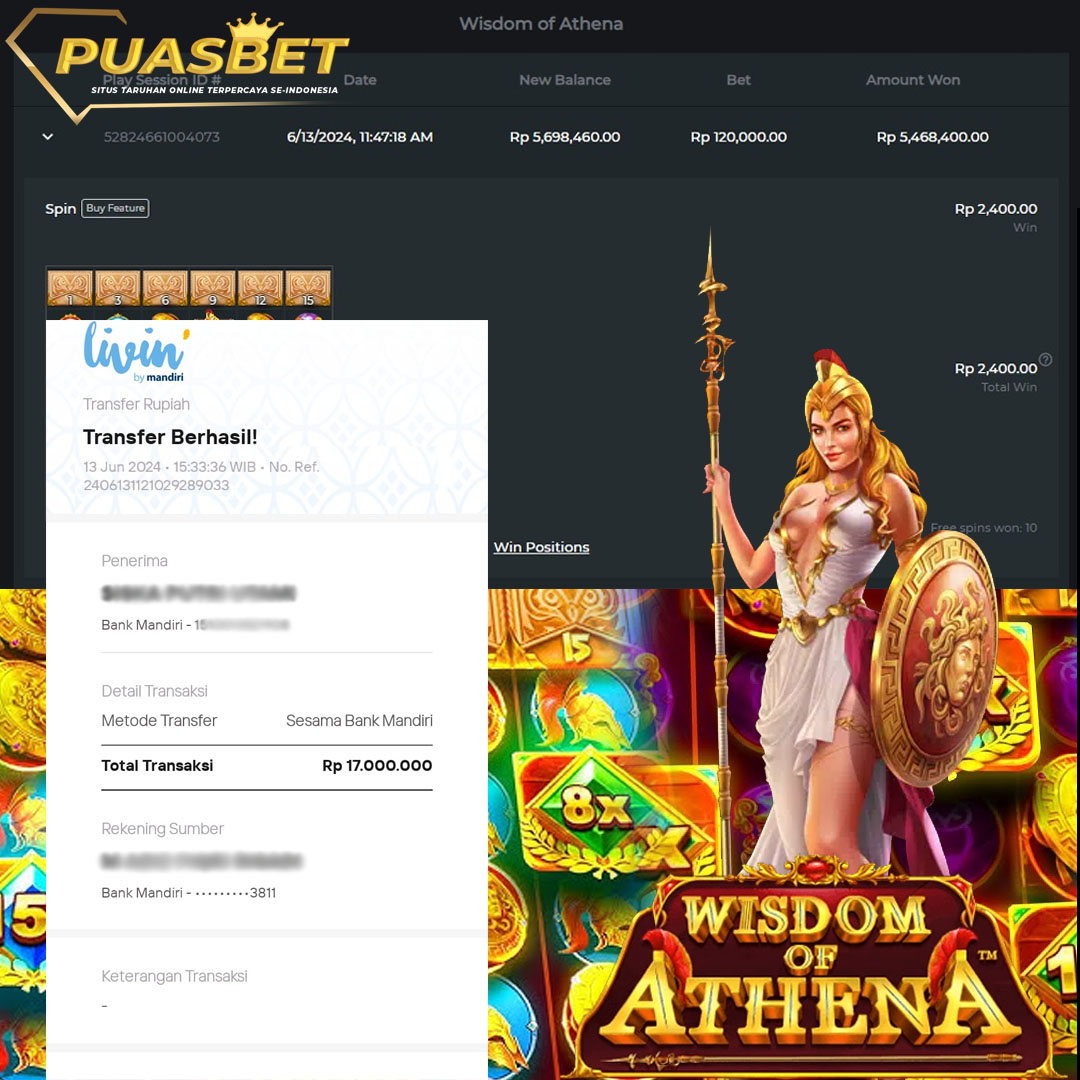 BUKTI WD PUASBET 13 JUNE 2024 ( Wisdom Of Athena PRAGMATIC PLAY ) Rp.17,000,000– LUNAS)