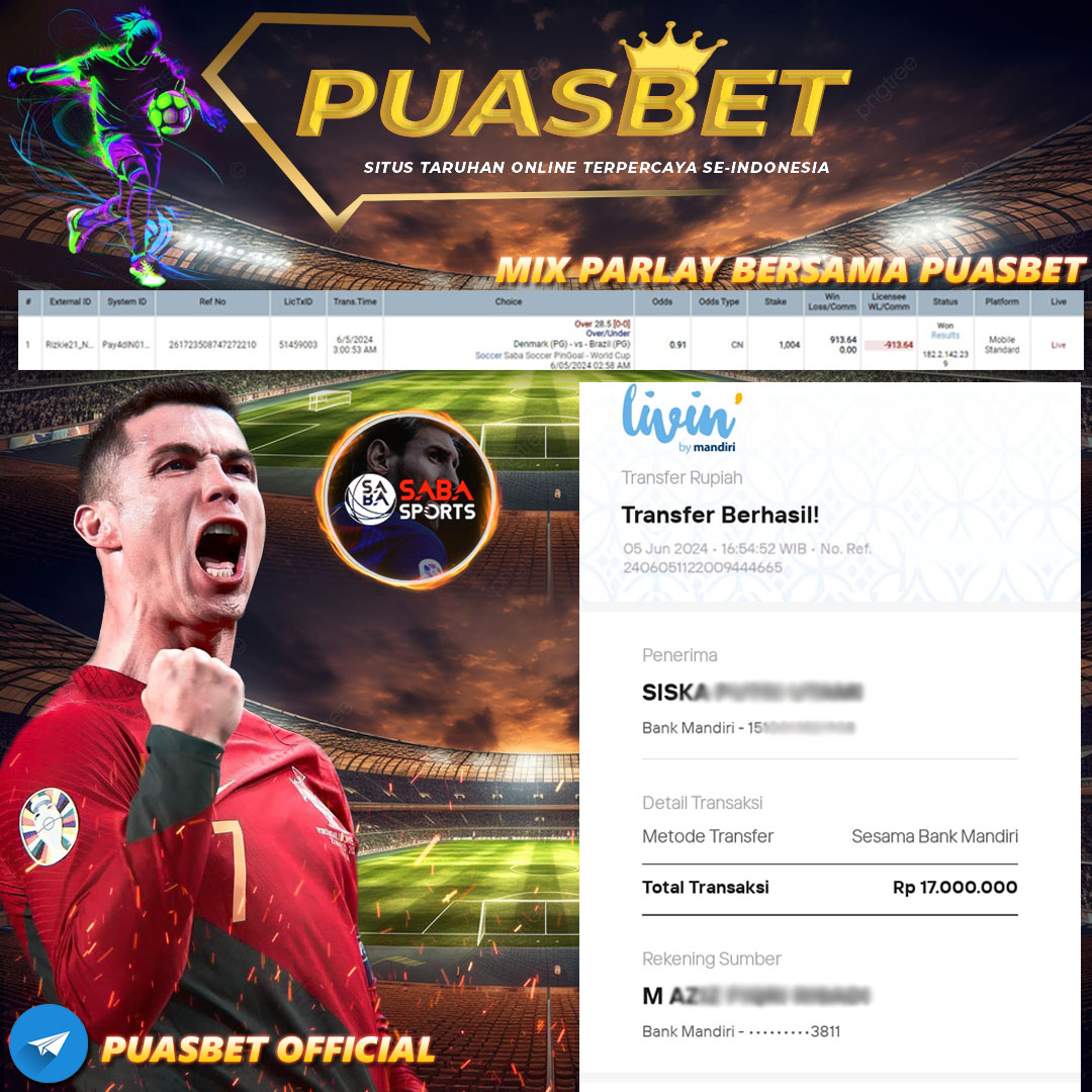 BUKTI WD PUASBET 05 JUNE 2024 ( MIX PARLAY  ) Rp.17,000,000– LUNAS)