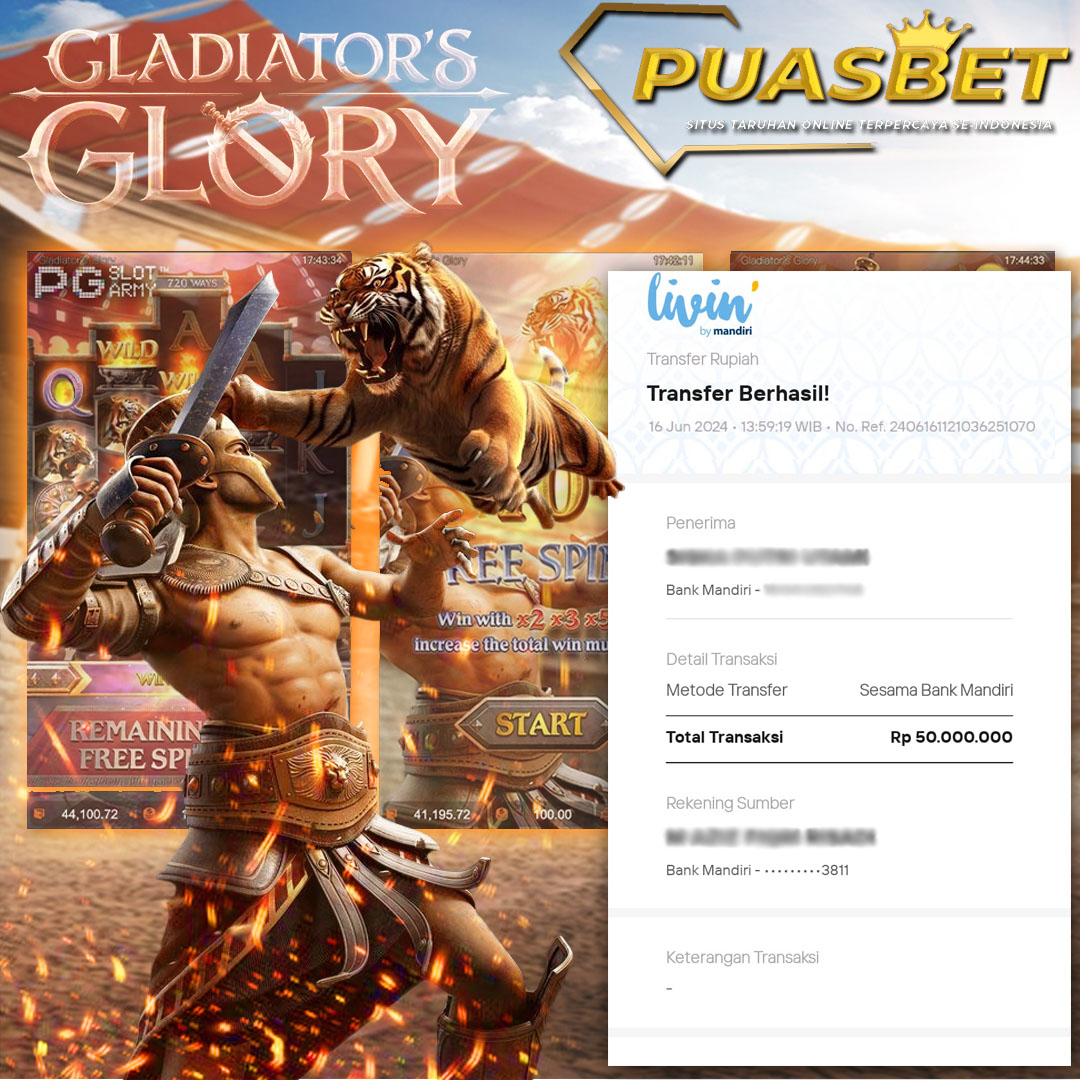 BUKTI WD PUASBET 16 JUNE 2024 ( Gladiator’s Glory PGSOFT ) Rp.50,000,000– LUNAS)