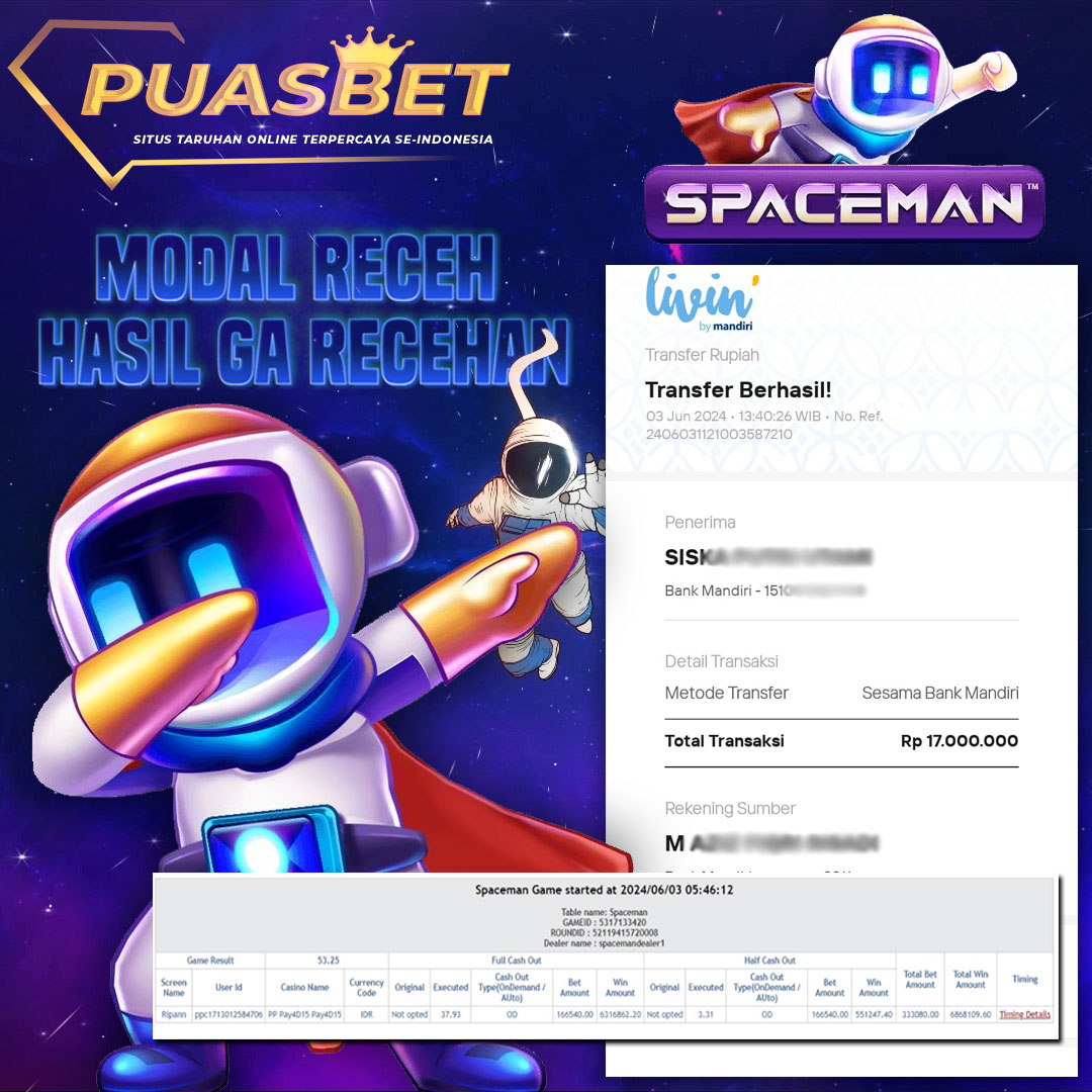 BUKTI WD PUASBET 03 JUNE 2024 ( SPACEMAN LIVE CASINO ) Rp.17,000,000 – LUNAS)