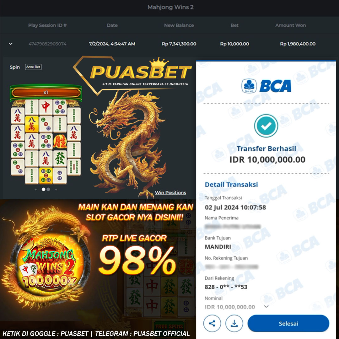 BUKTI WD PUASBET 02 JULI 2024 ( Mahjong Wins 2 PRAGMATIC PLAY ) Rp 10,000,000 – LUNAS)