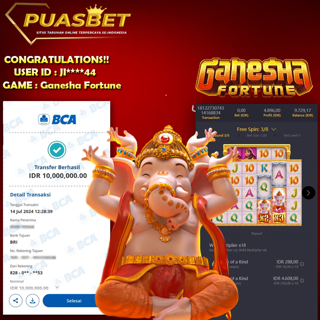 BUKTI WD PUASBET 14 JULI 2024 ( Ganesha Fortune Pgsoft ) Rp 10,000,000 – LUNAS)