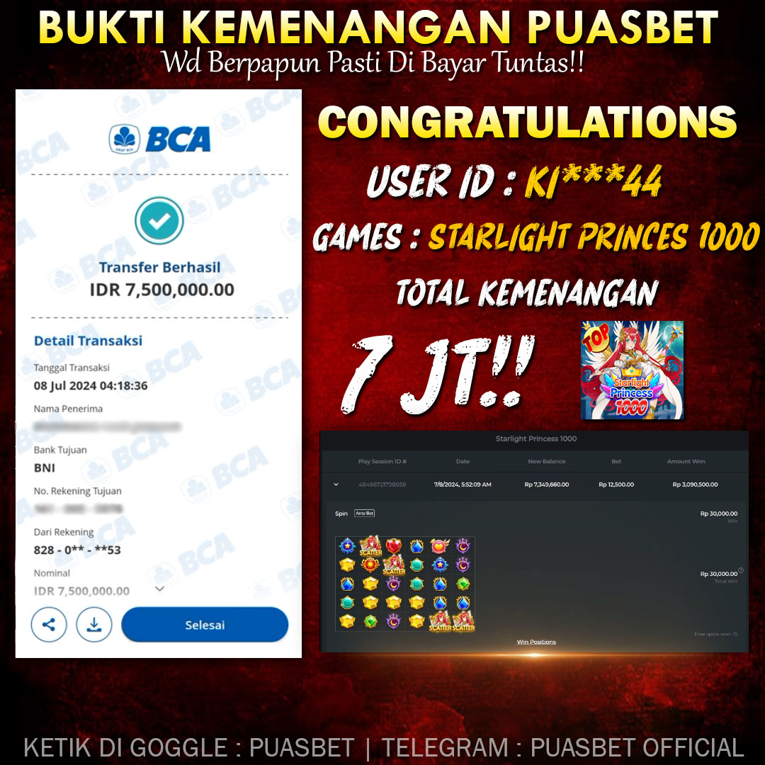 BUKTI WD PUASBET 08 JULI 2024 ( Starlight Princess 1000 PRAGMATIC PLAY) Rp 7,500,000 – LUNAS)