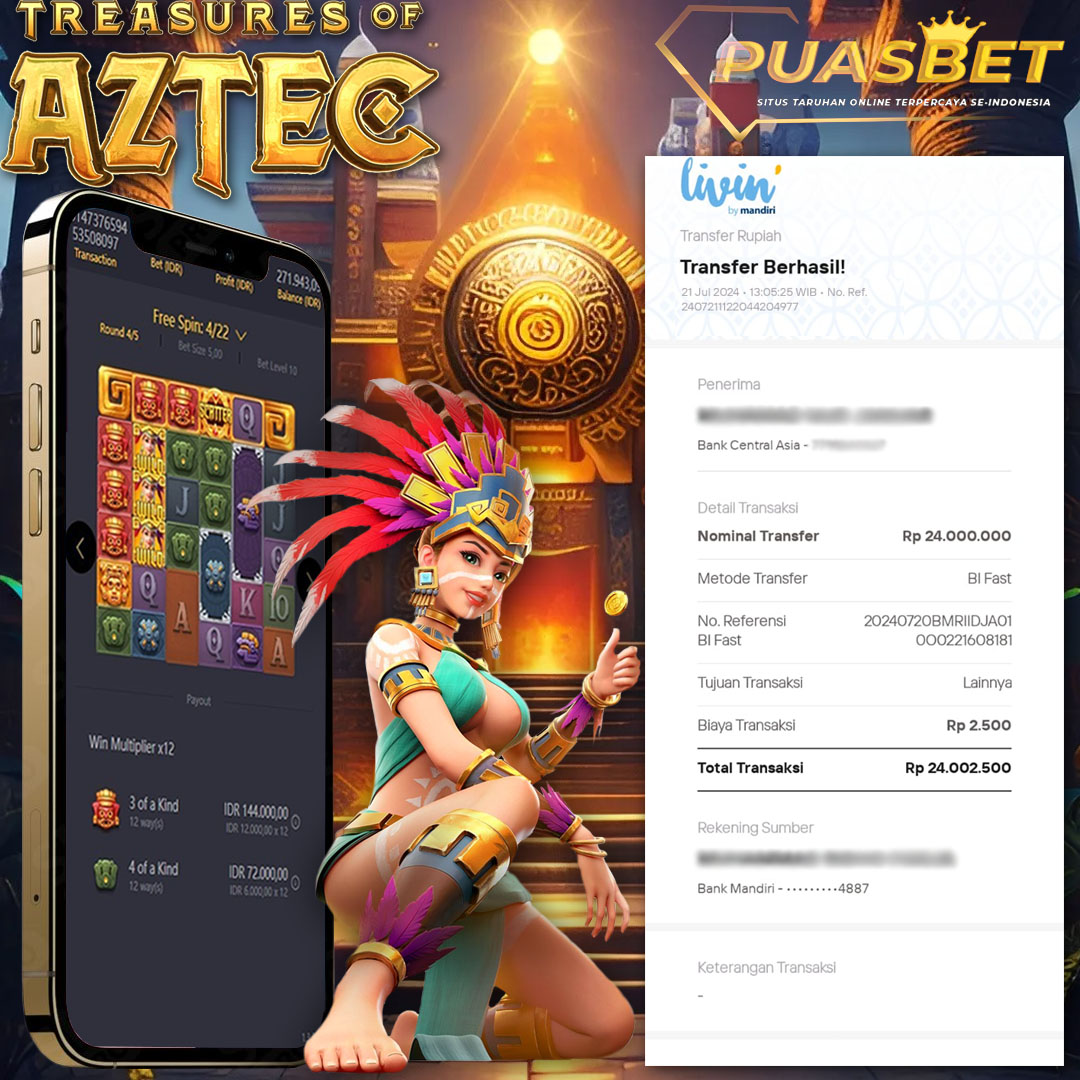 BUKTI WD PUASBET 21  JULI 2024 ( Treasures of Aztec Pgsoft ) Rp 24,000,000 – LUNAS)