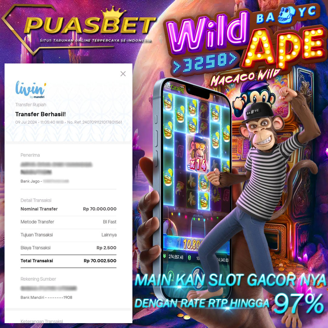 BUKTI WD PUASBET 09 JULI 2024 ( Wild Ape #3258 pgsoft ) Rp 70,000,000 – LUNAS)