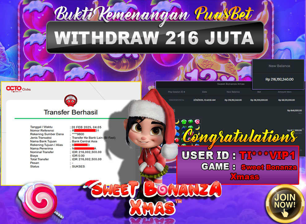 BUKTI WD PUASBET (Sweet Bonanza Xmas Pragamtic Play Rp. 216,000,000 – LUNAS)