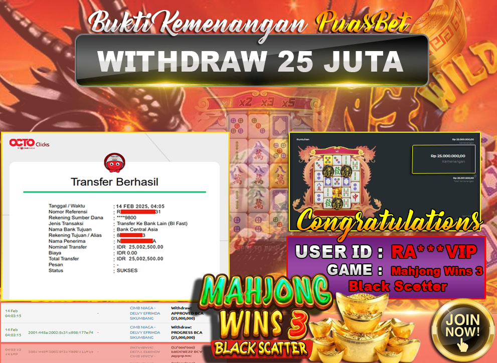 BUKTI WD PUASBET (Mahjong Wins 3 – Black Scatter Pragmatic Play  Rp. 25,000,000 – LUNAS)