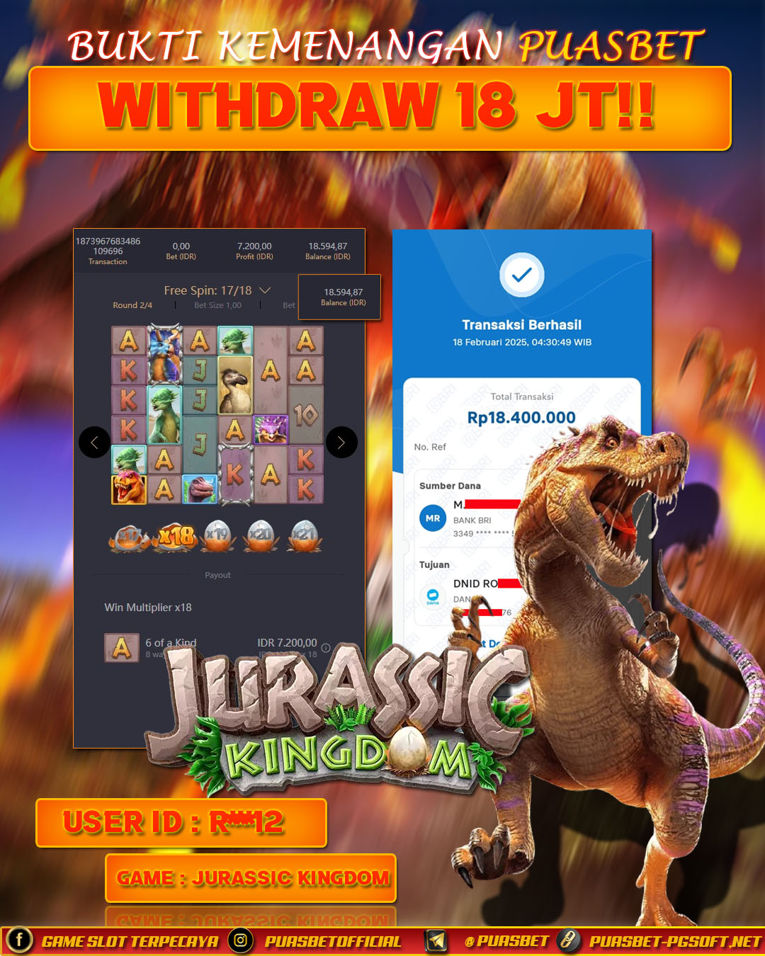BUKTI WD PUASBET (Jurassic Kingdom Pg Soft Rp. 18,000,000 – LUNAS)