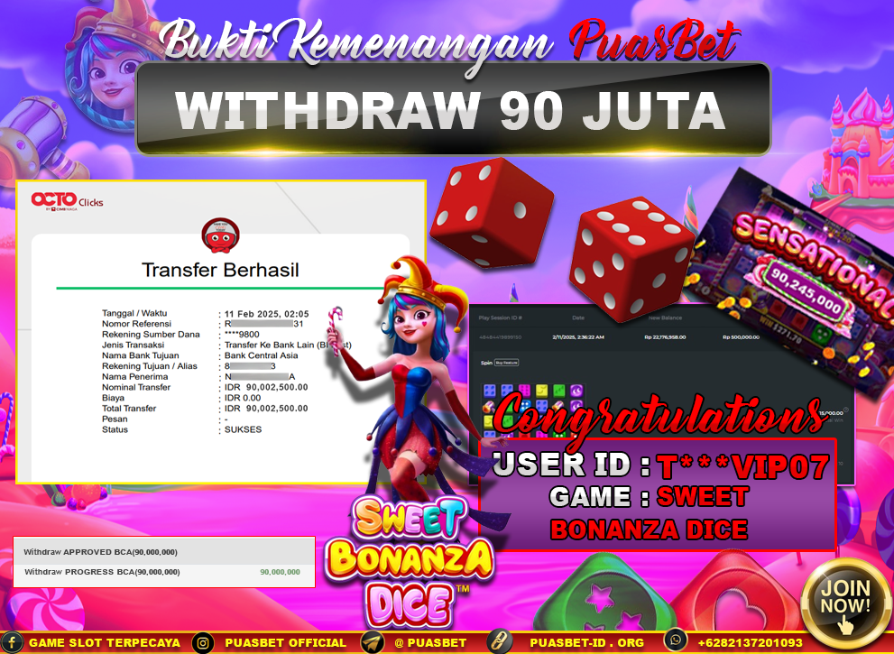 BUKTI WD PUASBET (SWEET BONANZA DICE PRAGMATIC PLAY  Rp. 90,000,000 – LUNAS)