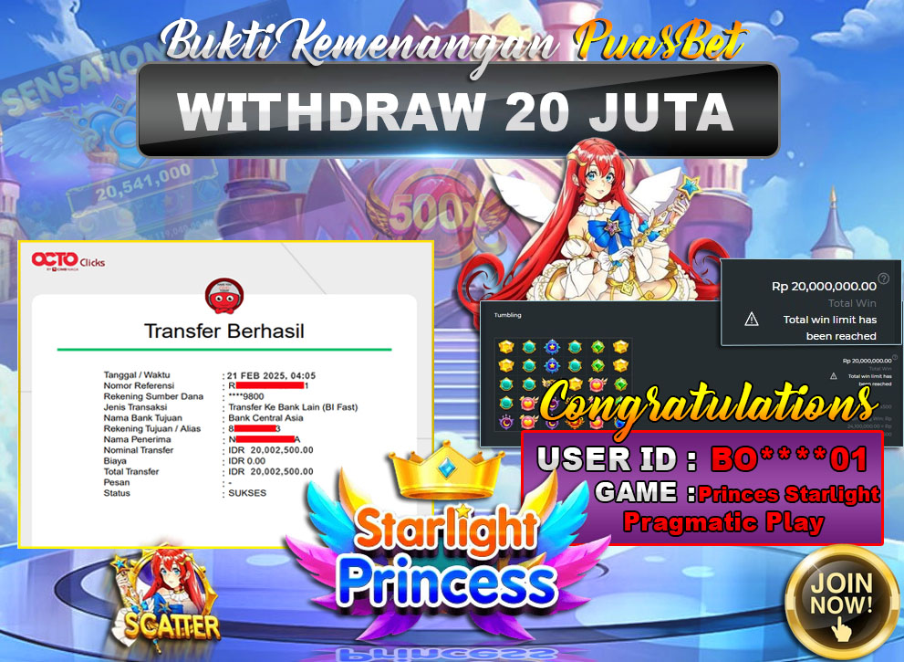 BUKTI WD PUASBET (Starlight Princess Pragmatic Play  Play Rp. 20,000,000 – LUNAS)