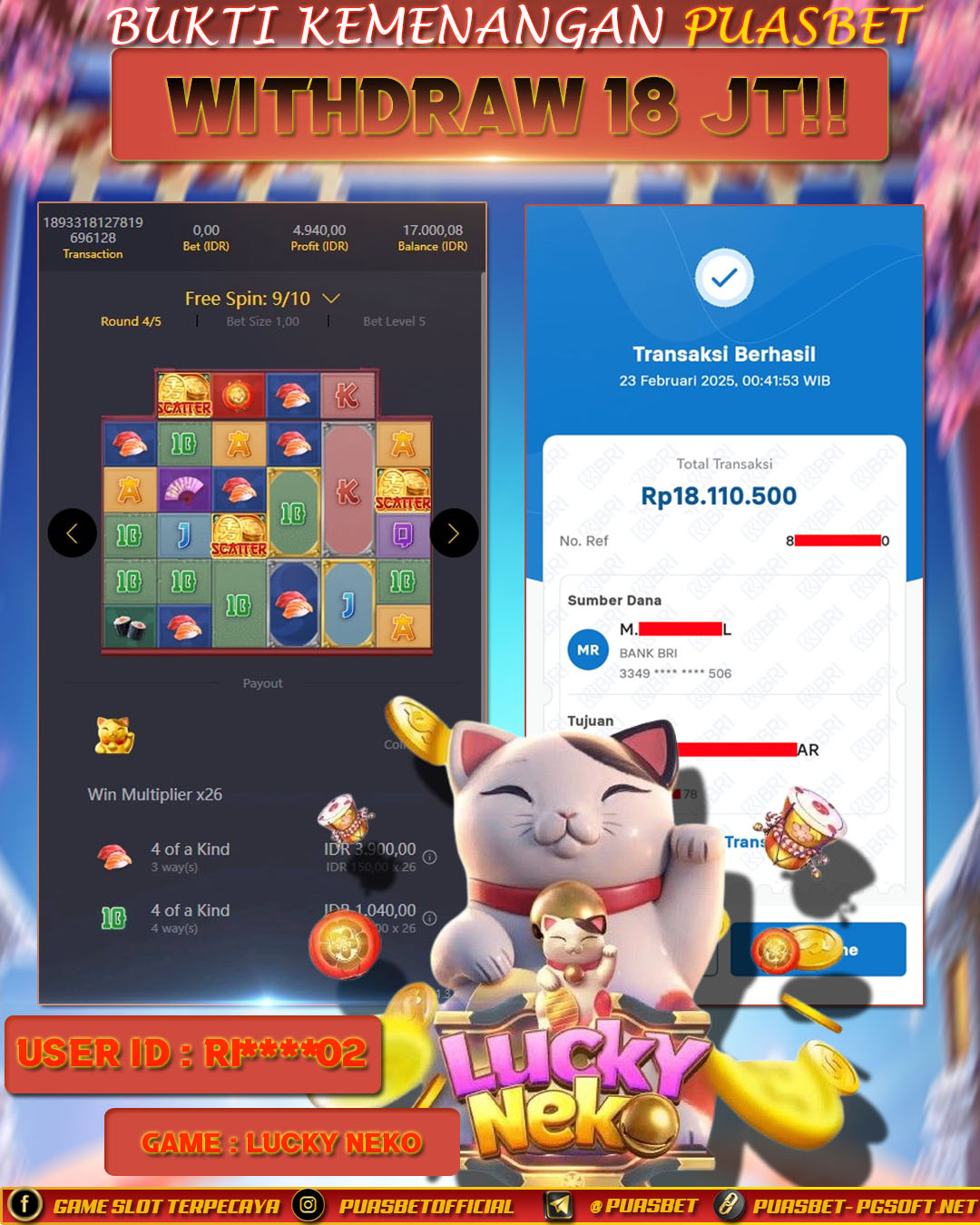 BUKTI WD PUASBET (lucky Neko Pg Soft Rp. 18,000,000 – LUNAS)