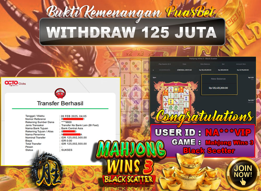 BUKTI WD PUASBET (Mahjong Wins 3 Pragmatic Play Rp. 125,000,000 – LUNAS)
