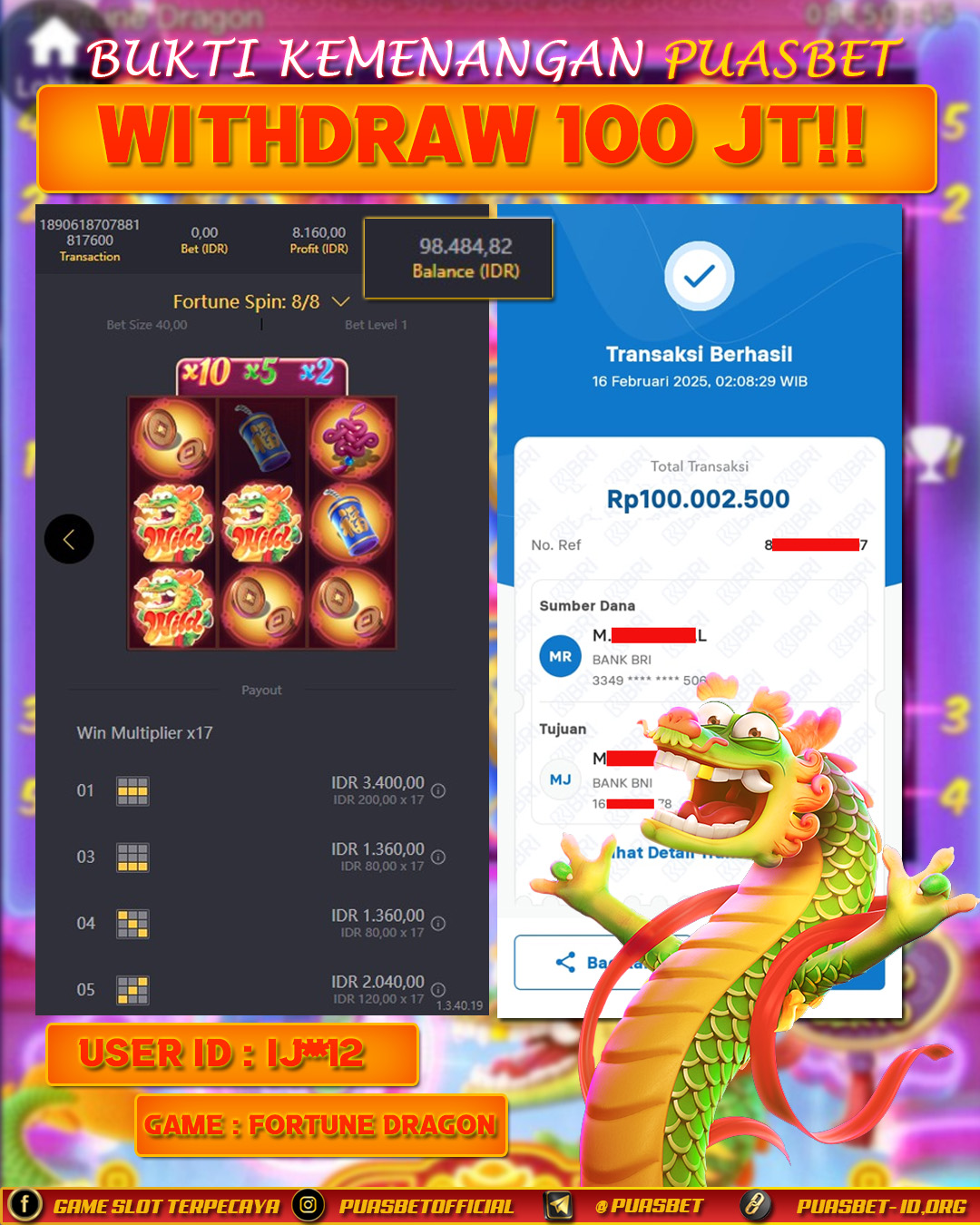 BUKTI WD PUASBET (Fortune Dragon Pg Soft  Rp. 100,000,000 – LUNAS)