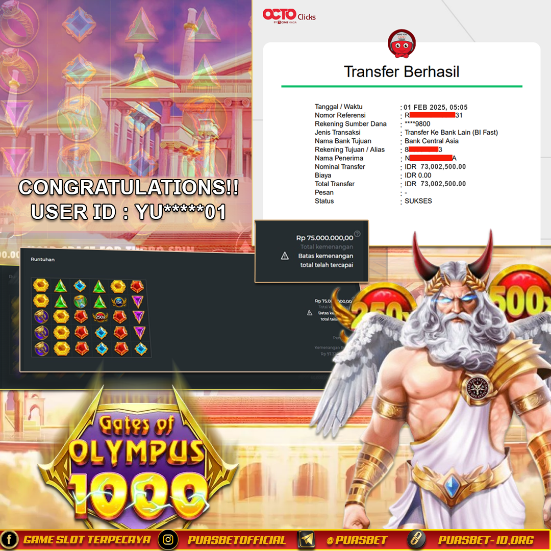 BUKTI WD PUASBET (GATES OF OLYMPUS 1000 PRAGMATIC PLAY Rp. 73,000,000 – LUNAS)