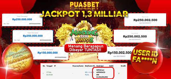BUKTI WD PUASBET (Mahjong Ways2 Pg Soft Rp. 1,300,000,000 – LUNAS)