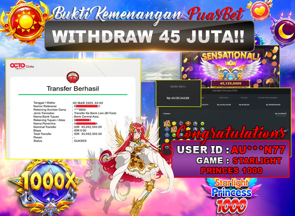 BUKTI WD PUASBET (Starlight Princess 1000 Pragmatic Play Rp. 45,000,000 – LUNAS)