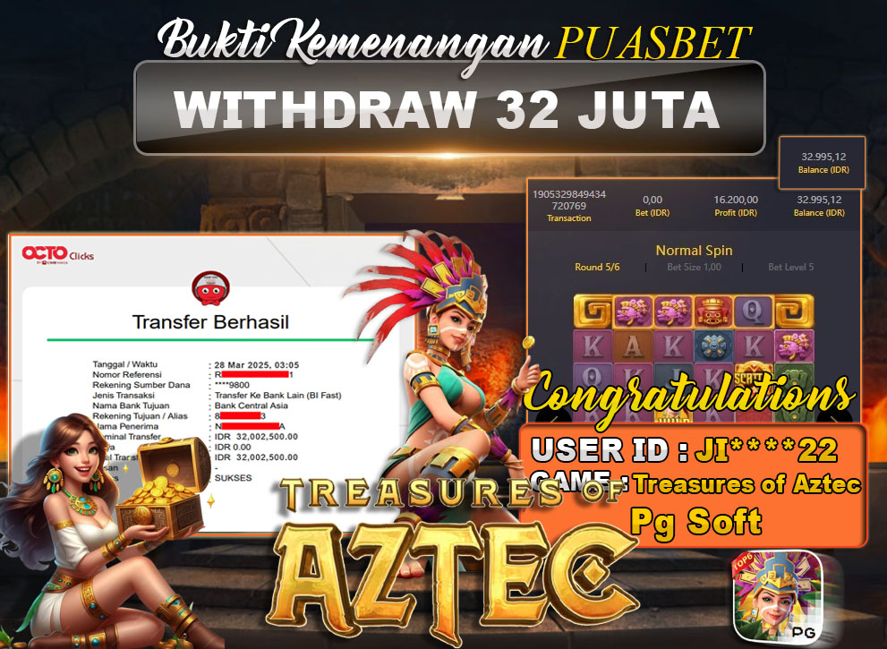 BUKTI WD PUASBET (Treasures of Aztec Pg Soft Rp. 32,000,000 – LUNAS)