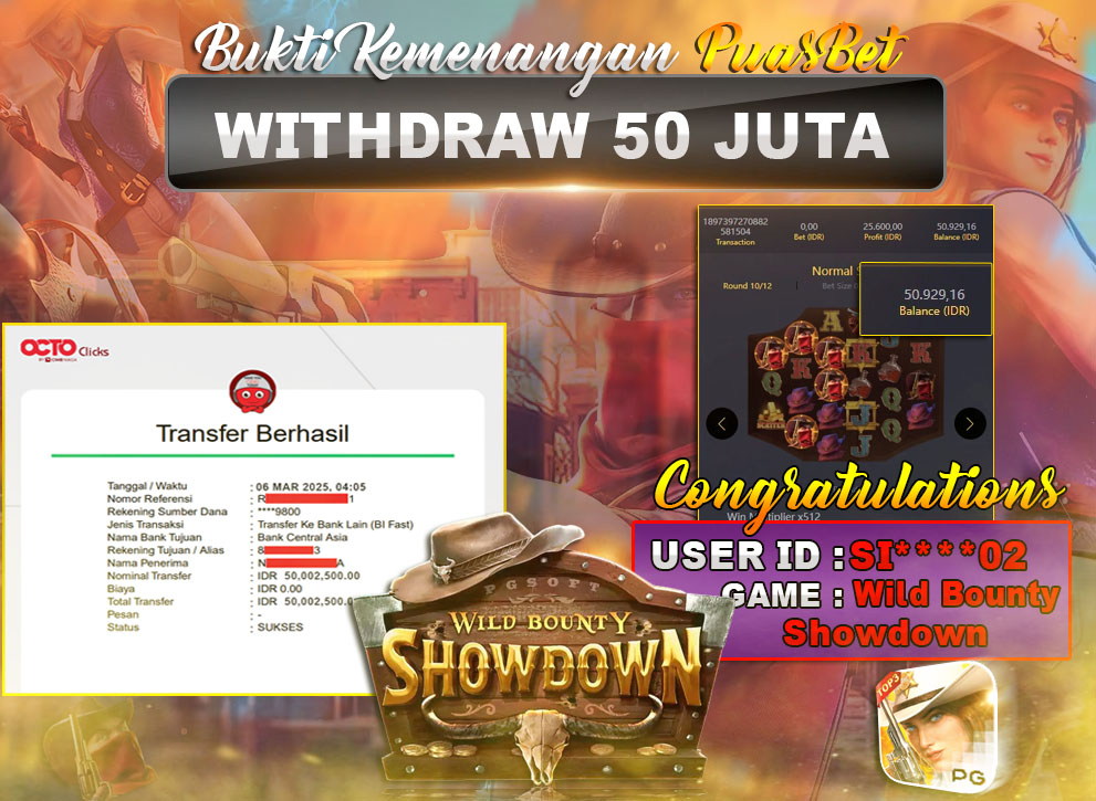 BUKTI WD PUASBET (Wild Bounty Showdown Pg Soft Rp. 50,000,000 – LUNAS)
