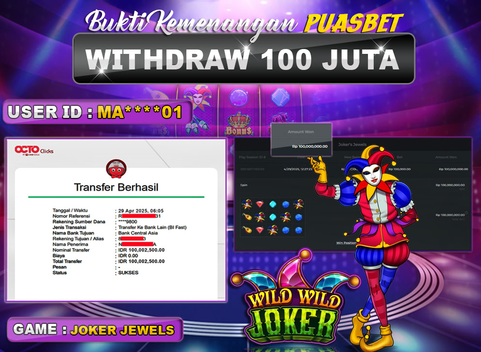 BUKTI WD PUASBET ( PRAGMATIC PLAY JOKER JEWELS Rp. 100,000,000 – LUNAS)