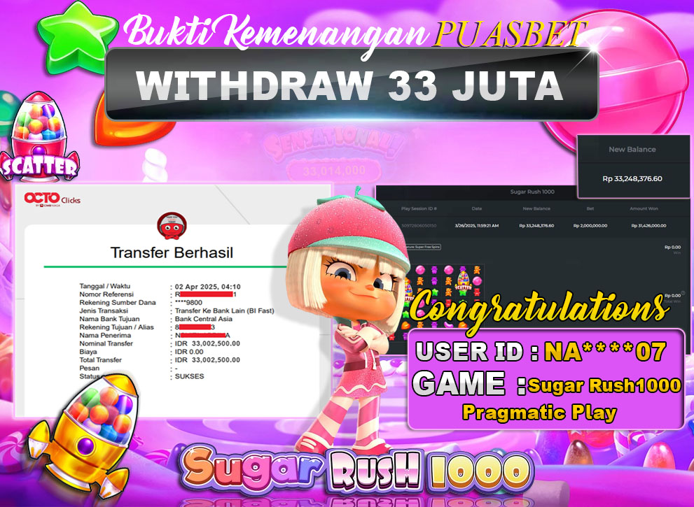 BUKTI WD PUASBET (Sugar Rush 1000 Pragmatic Play Rp. 33,000,000 – LUNAS)