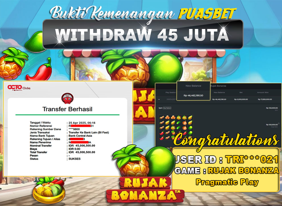 BUKTI WD PUASBET (RUJAK BONANZA PRAGMATIC PLAY Rp. 45,000,000 – LUNAS)