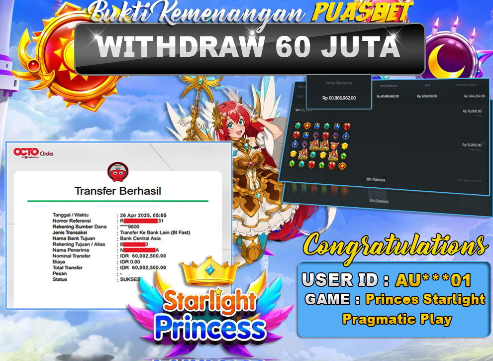 BUKTI WD PUASBET (PRINCES STARLIGHT PRAGMATIC PLAY Rp. 60,000,000 – LUNAS)