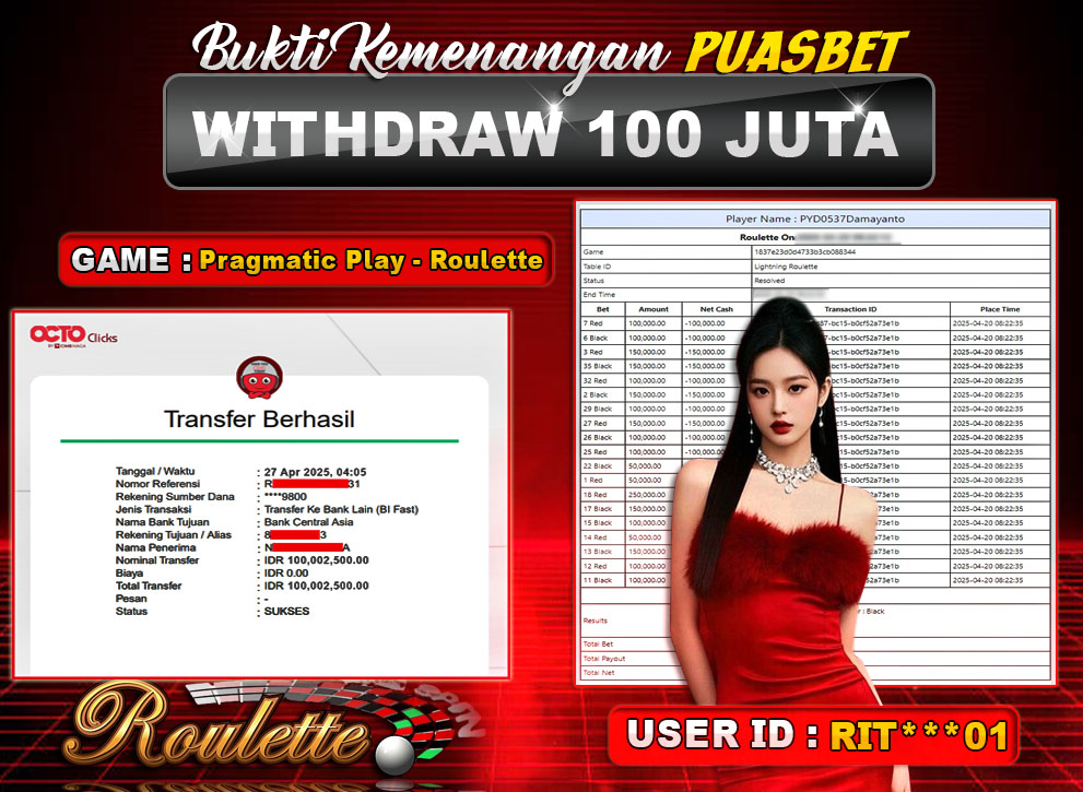BUKTI WD PUASBET (ROULETTE PRAGMATIC PLAY Rp. 100,000,000 – LUNAS)