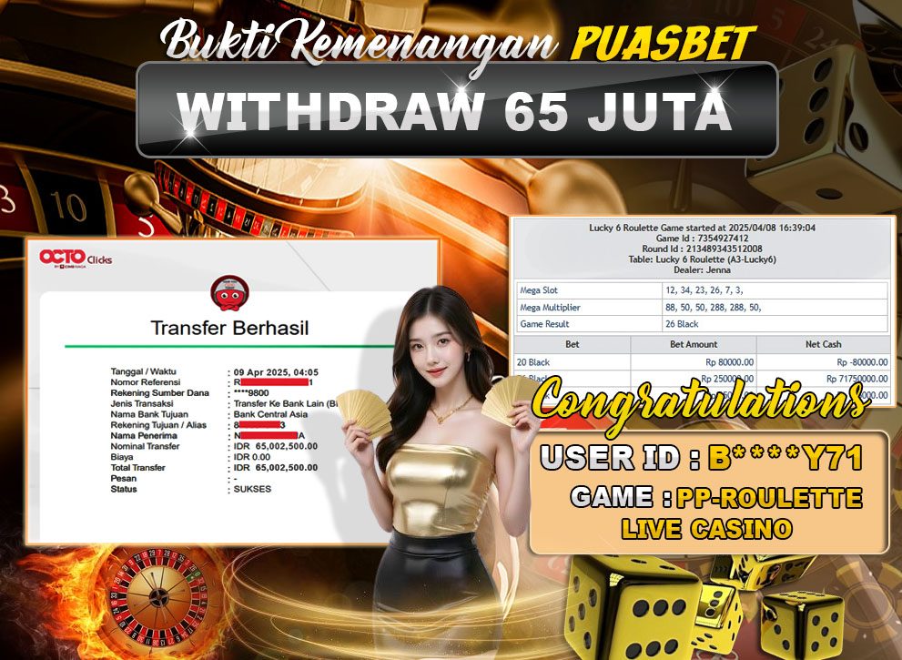 BUKTI WD PUASBET (PP-Rolette Live Casino Rp. 65,000,000 – LUNAS)