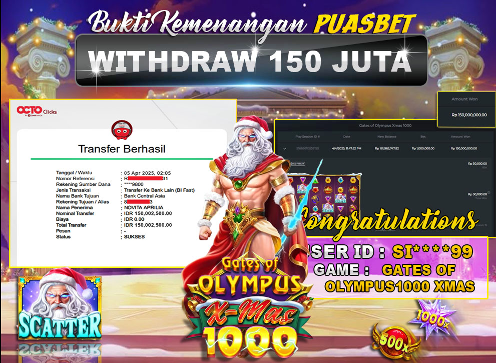 BUKTI WD PUASBET (Gates Of Olympus 1000 Xmas Rp. 150,000,000 – LUNAS)