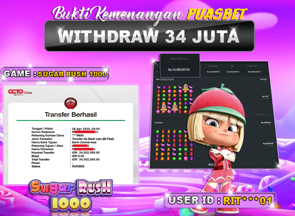 BUKTI WD PUASBET (SUGAR RUSH 1000 Rp. 34,000,000 – LUNAS)