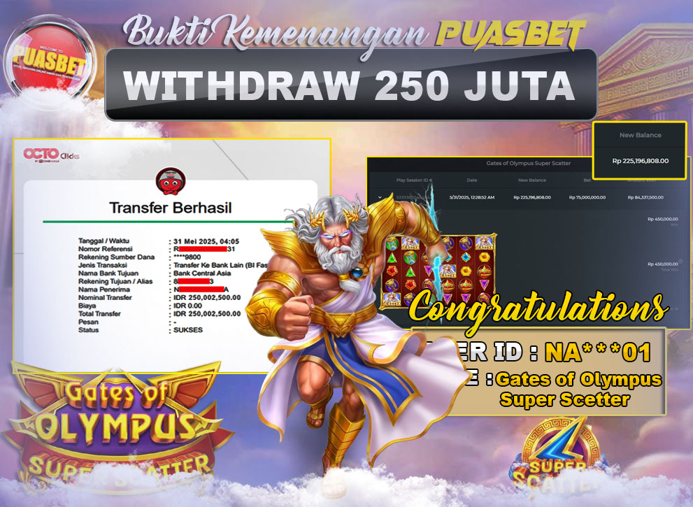 BUKTI WD PUASBET (Pragmatic Play Gates of Olympus Super Scetter Rp. 250,000,000 – LUNAS)