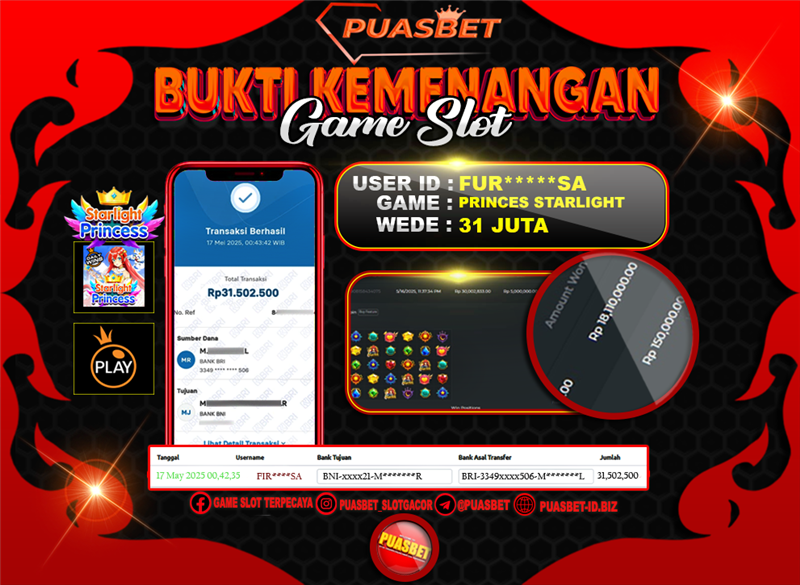 BUKTI WD PUASBET (PRAGMATIC PLAY STARLIGHT PRINCES Rp. 31,000,000 – LUNAS)