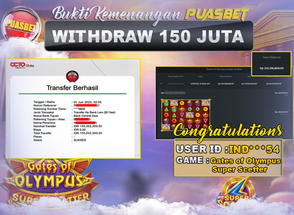 BUKTI WD PUASBET (Pragmatic Play Gates of Olympus Super Scetter Rp. 150,000,000 – LUNAS)