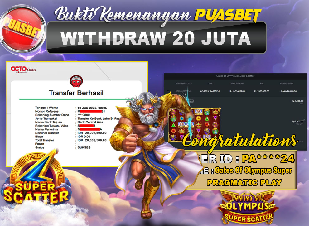 BUKTI WD PUASBET (Pragmatic Play Gates Of Olympus Super Rp. 20,000,000 – LUNAS)
