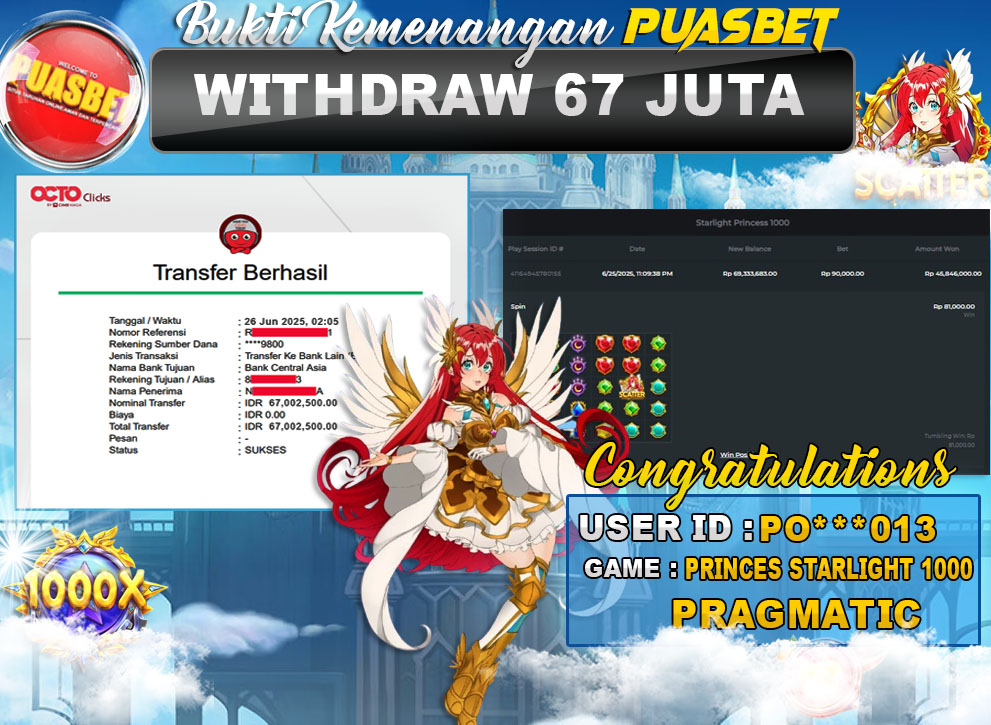 BUKTI WD PUASBET (Pragmatic Play Princess Starlight 1000  Rp. 67,000,000 – LUNAS)