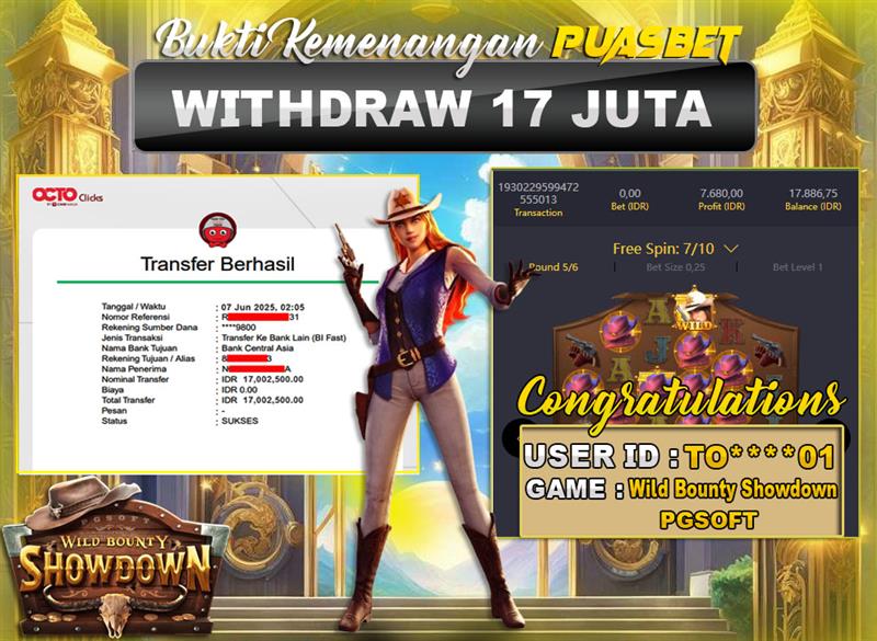 BUKTI WD PUASBET (Pg Soft Wild Bounty Showdown Rp. 17,000,000 – LUNAS)