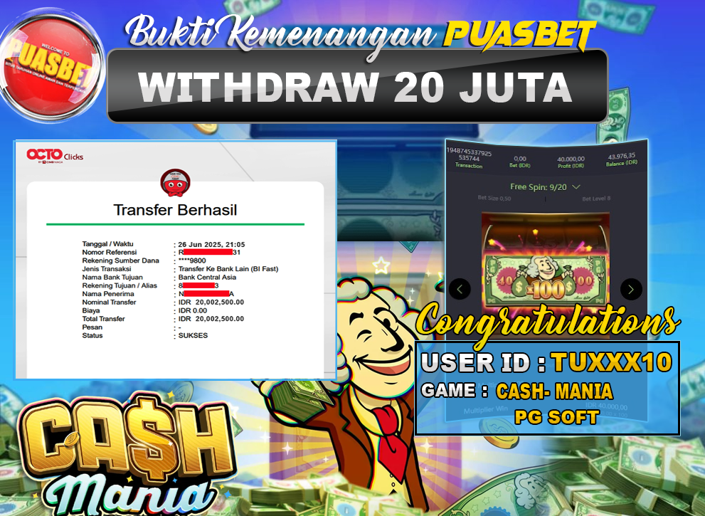 BUKTI WD PUASBET (PG Soft Cash Mania Rp. 20,000,000 – LUNAS)