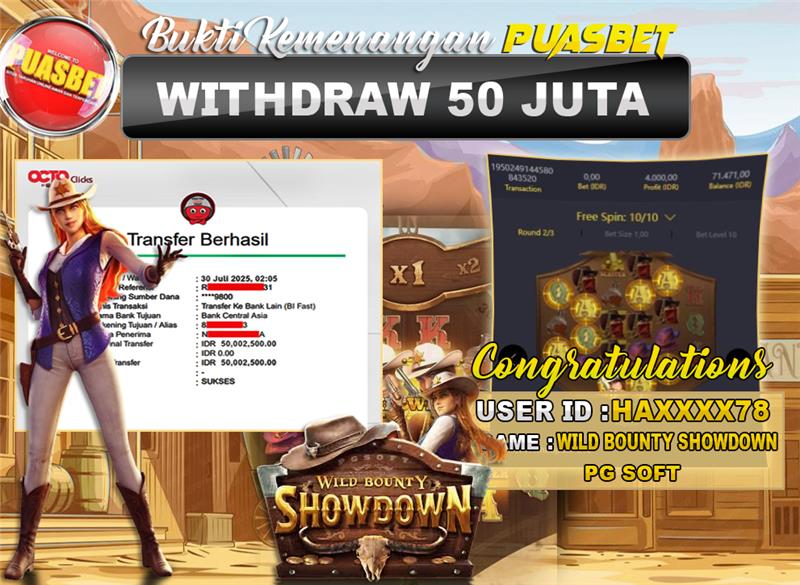 BUKTI WD PUASBET (PG Soft Wild Bounty ShowDown Rp. 50,000,000 – LUNAS)