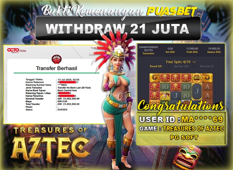 BUKTI WD PUASBET (PG Soft Treasure Of Aztec Rp. 21,000,000 – LUNAS)