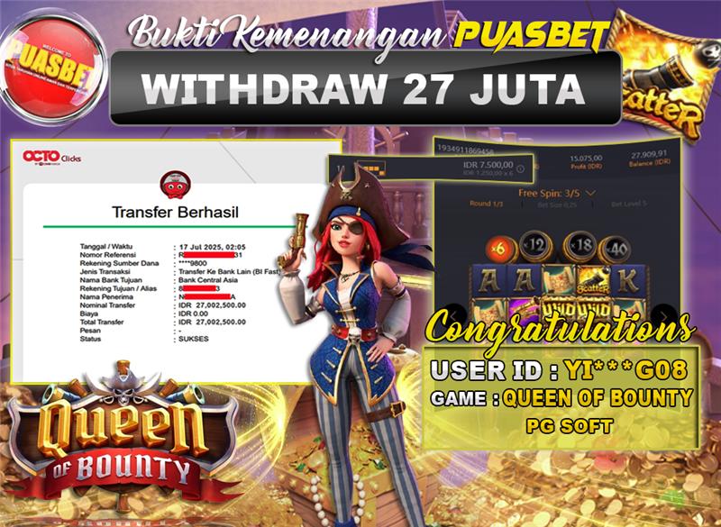 BUKTI WD PUASBET (PG Soft Queen Of Bounty Rp. 27,000,000 – LUNAS)