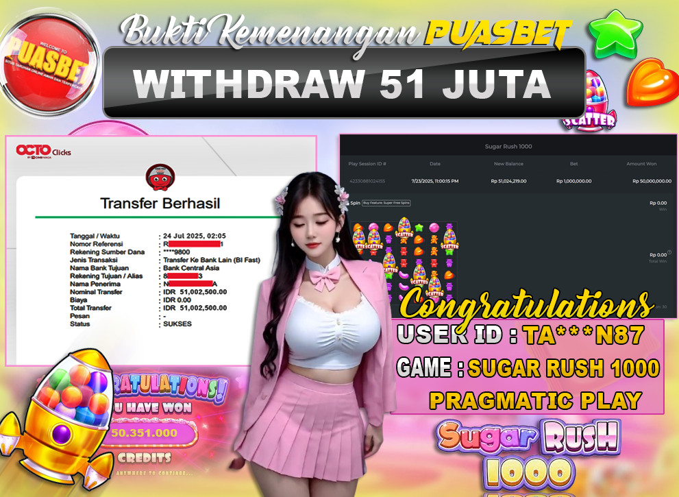 BUKTI WD PUASBET (Pragmatic Play Sugar Rush 1000 Rp. 51,000,000 – LUNAS)