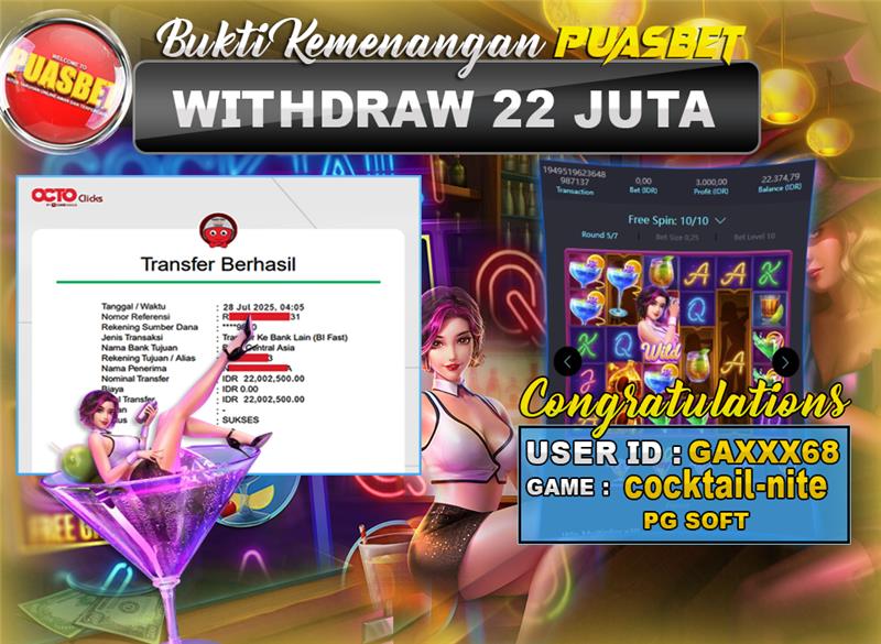 BUKTI WD PUASBET (PG Soft Cocktail Nite Rp. 22,000,000 – LUNAS)